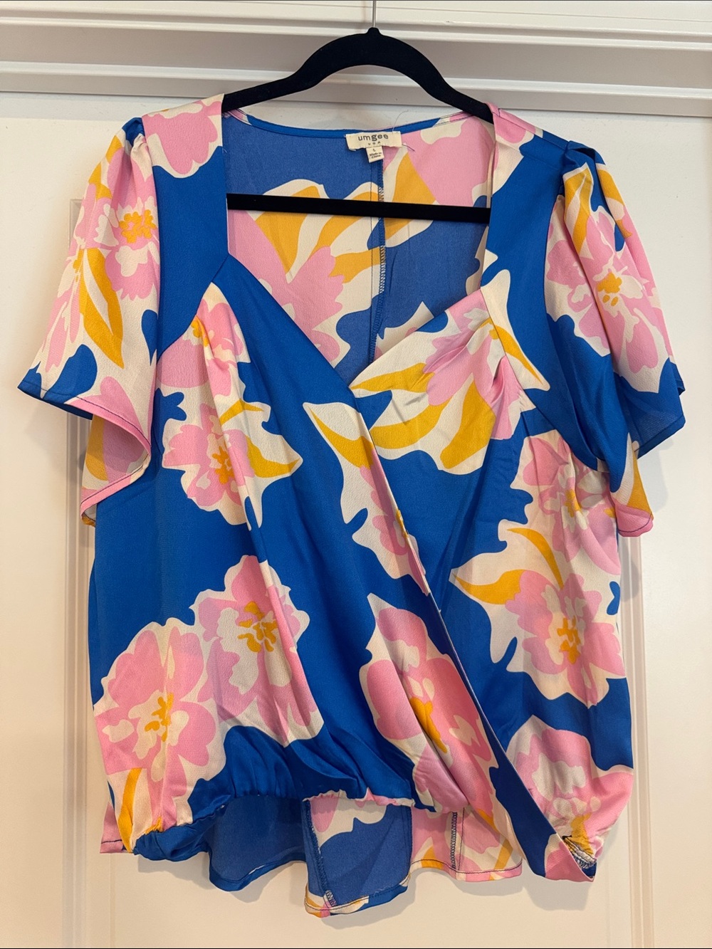 Umgee Blue Floral Wrap-Front Short Sleeve Blouse
